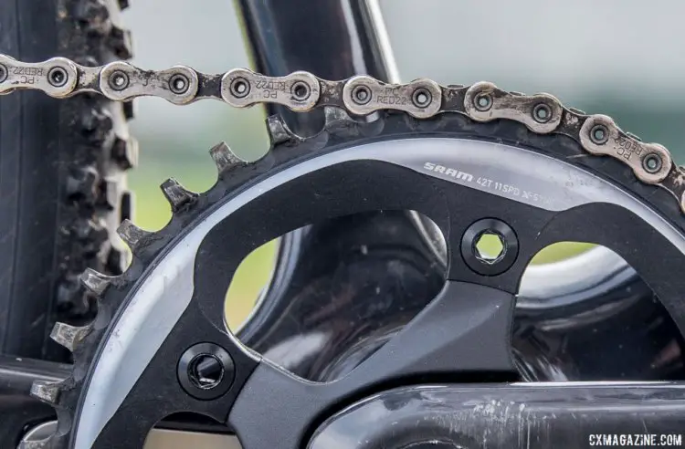 Ortenblad uses a 42 tooth X-Sync chainring, and a PC-1170 Force level chain. Tobin Ortenblad's Santa Cruz Stigmata cyclocross bike. © D. Perker / Cyclocross Magazine