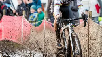 There were a few puddles on Saturday's course. Wout van Aert powers through one here. Elite Men, 2017 Zeven UCI Cyclocross World Cup. © J.Curtes / Cyclocross Magazine