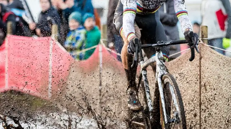 There were a few puddles on Saturday's course. Wout van Aert powers through one here. Elite Men, 2017 Zeven UCI Cyclocross World Cup. © J.Curtes / Cyclocross Magazine