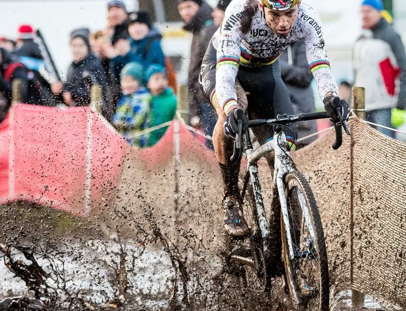 There were a few puddles on Saturday's course. Wout van Aert powers through one here. Elite Men, 2017 Zeven UCI Cyclocross World Cup. © J.Curtes / Cyclocross Magazine