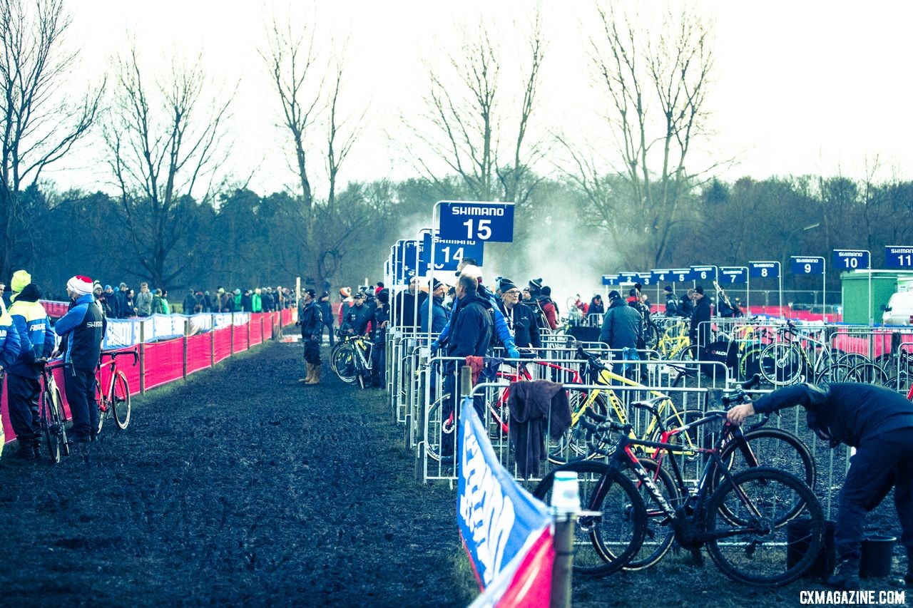 Power washing is okay, but be careful when using soaps and detergents near disc brakes. Elite Men, 2017 Zeven UCI Cyclocross World Cup. © J.Curtes / Cyclocross Magazine