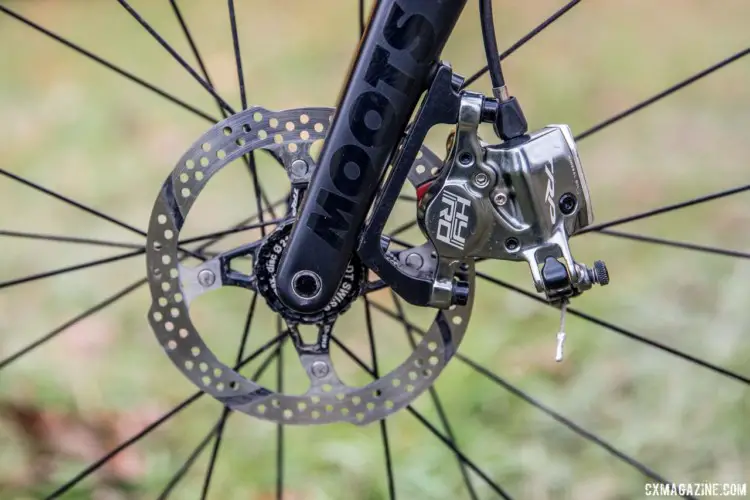 TRP HY/RD brakes are unusual for racers at Hecht's level. This particular one uses an adapter to mount to the Moots flat mount fork. Gage Hecht's 2017 Pan-Ams Moots Psychlo X RSL. © D. Perker / Cyclocross Magazine