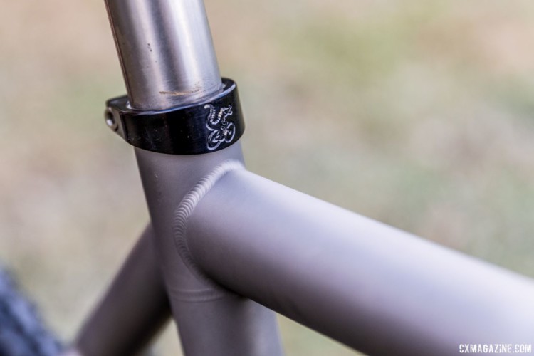 As with many of the other parts, Moots provides the seatpost clamp. The Moots seatpost is notched to indicate Hecht's saddle height, allowing easy setup when shipping the bike. Gage Hecht's 2017 Pan-Ams Moots Psychlo X RSL. © D. Perker / Cyclocross Magazine