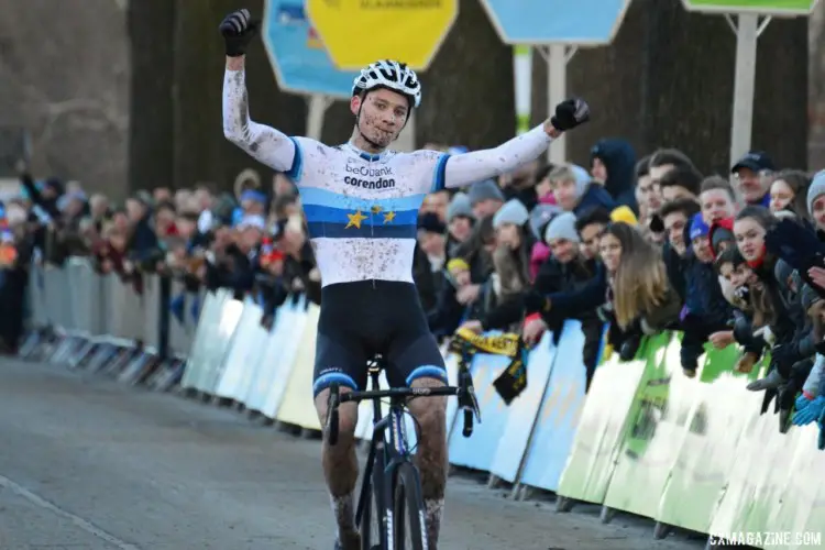 Mathieu van der Poel celebrates his latest win. 2017 Azencross Loenhout. © B. Hazen / Cyclocross Magazine
