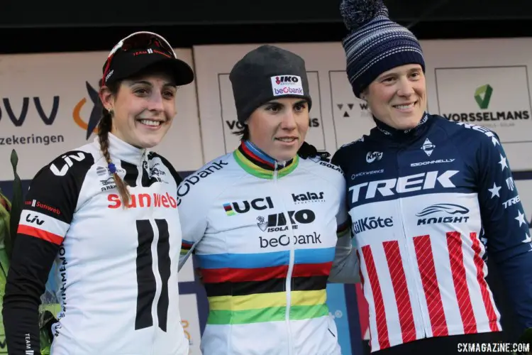 Women's podium: Sanne Cant, Lucinda Brand and Katie Compton. 2017 Azencross Loenhout. © B. Hazen / Cyclocross Magazine