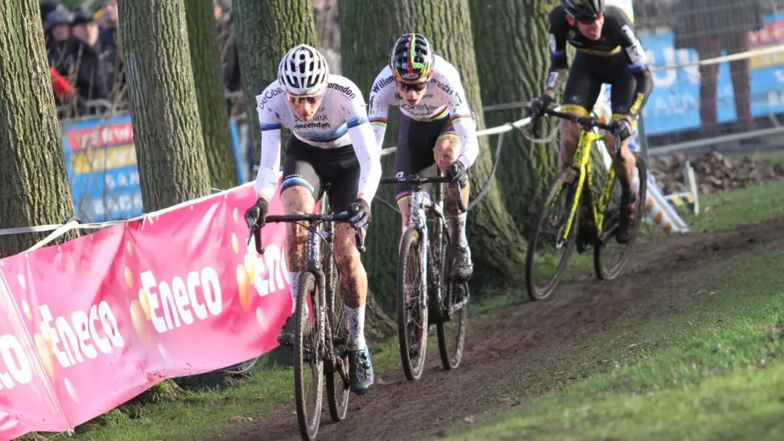 Wout van Aert briefly kept pace with Mathieu van der Poel before the Dutch phenom went solo. 2017 Azencross Loenhout. © B. Hazen / Cyclocross Magazine