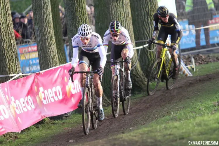 Wout van Aert briefly kept pace with Mathieu van der Poel before the Dutch phenom went solo. 2017 Azencross Loenhout. © B. Hazen / Cyclocross Magazine