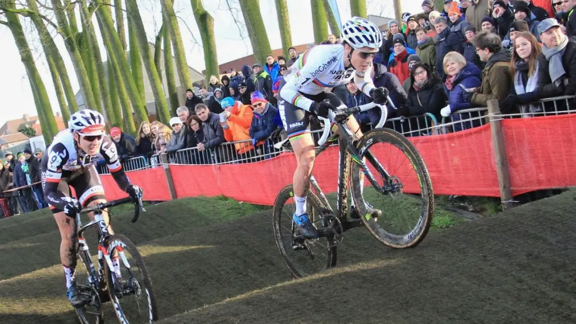 Sanne Cant and Lucinda Brand roll through the rollers. 2017 Azencross Loenhout. © B. Hazen / Cyclocross Magazine