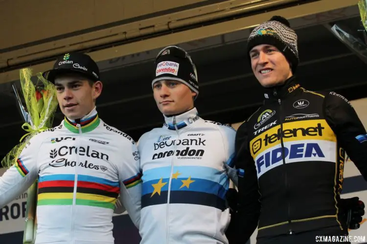 Men's podium: Mathieu van der Poel, Wout van Aert and Toon Aerts. 2017 Azencross Loenhout. © B. Hazen / Cyclocross Magazine