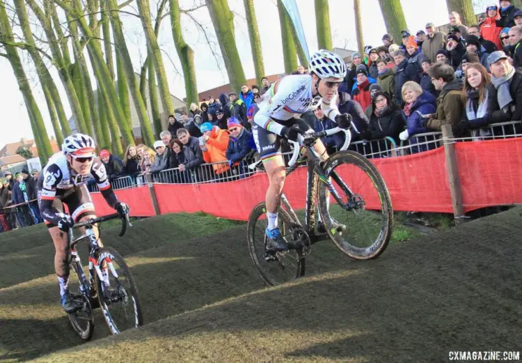 Sanne Cant and Lucinda Brand roll through the rollers. 2017 Azencross Loenhout. © B. Hazen / Cyclocross Magazine