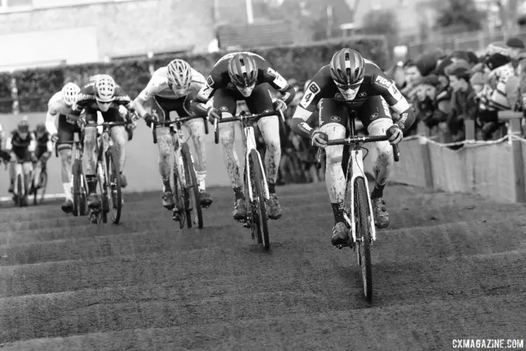 Corne van Kessel leads a group of riders through the rollers. 2017 Azencross Loenhout. © B. Hazen / Cyclocross Magazine