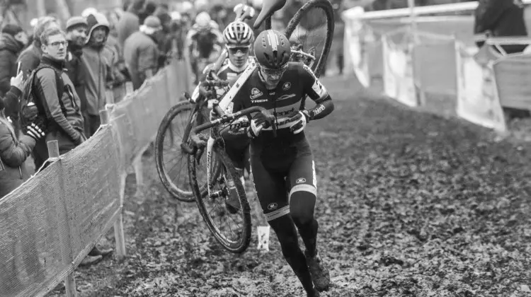 Toon Aerts leads David van der Poel. 2017 Soudal Classics, GP Hasselt, Elite Men. © B. Hazen / Cyclocross Magazine