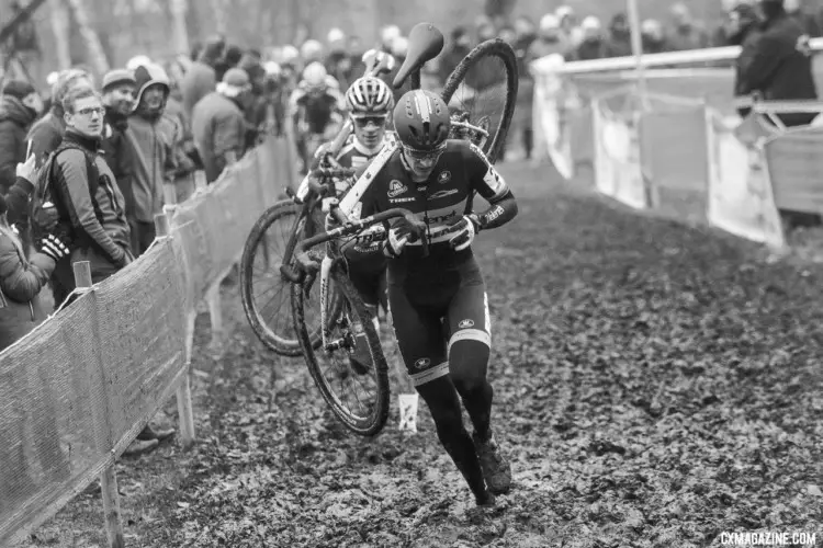 Toon Aerts leads David van der Poel. 2017 Soudal Classics, GP Hasselt, Elite Men. © B. Hazen / Cyclocross Magazine
