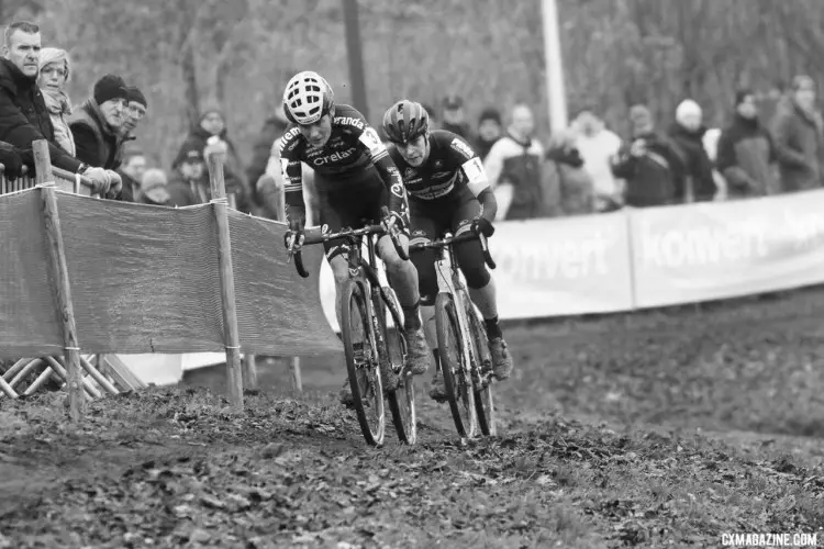 Loes Sels, Ellen van Loy escape the chasers. 2017 Soudal Classics, GP Hasselt, Elite Women. © B. Hazen / Cyclocross Magazine