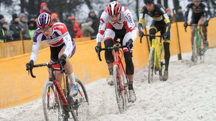 David van der Poel and Wietse Bosmans lead the charge through the sand. 2017 Zilvermeercross, Mol, Belgium. © B. Hazen / Cyclocross Mag