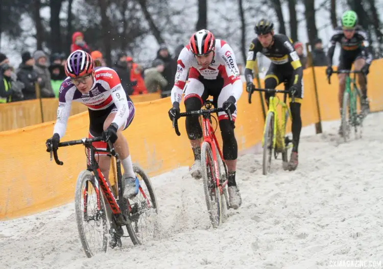 David van der Poel and Wietse Bosmans lead the charge through the sand. 2017 Zilvermeercross, Mol, Belgium. © B. Hazen / Cyclocross Mag