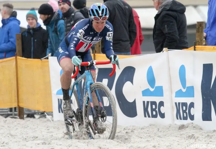 Katie Compton (KFC Racing p/b Trek/Knight Composites) applies some english in the sand. 2017 Zilvermeercross, Mol, Belgium. © B. Hazen / Cyclocross Magazine