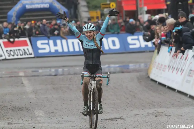 Evie Richards was mega excited for her win on Sunday. 2017 World Cup Namur. © B. Hazen / Cyclocross Magazine