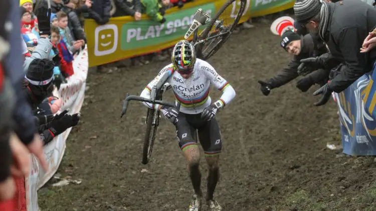 Wout van Aert had a dominant ride in Namur, and the Belgian fans showed their appreciation. 2017 World Cup Namur. © B. Hazen / Cyclocross Magazine