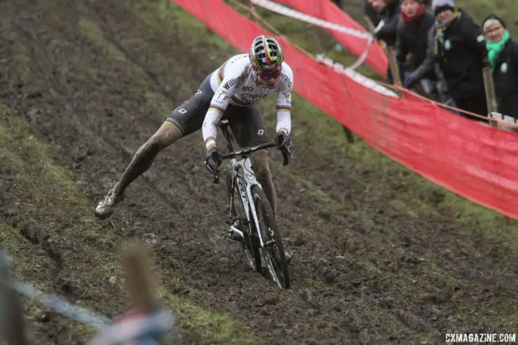 Wout van Aert applies some "dutch" to stay upright on the off-camber. 2017 World Cup Namur. © B. Hazen / Cyclocross Magazine