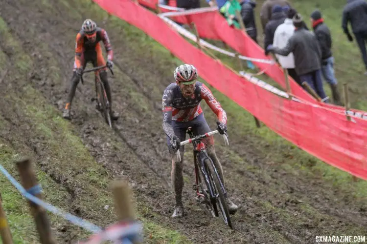 Stephen Hyde had a strong, albeit muddy ride, finishing 11th. 2017 World Cup Namur. © B. Hazen / Cyclocross Magazine