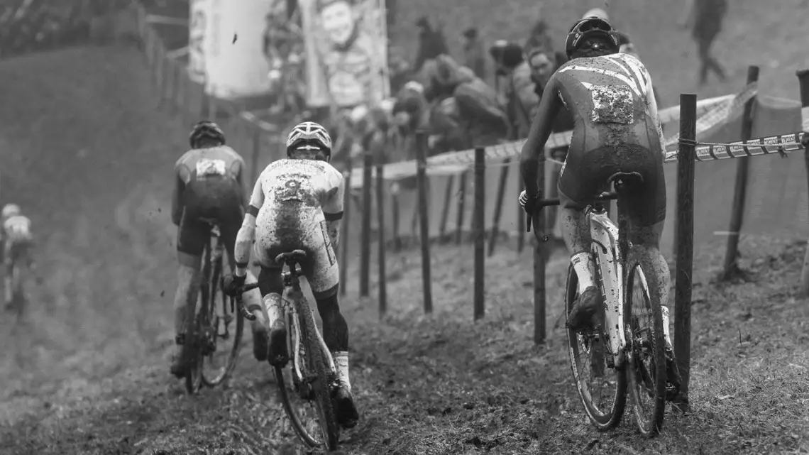 Eli Iserbyt and Tom Pidcock try to keep pace with Sieben Wouters in the U23 race. 2017 World Cup Namur. © B. Hazen / Cyclocross Magazine