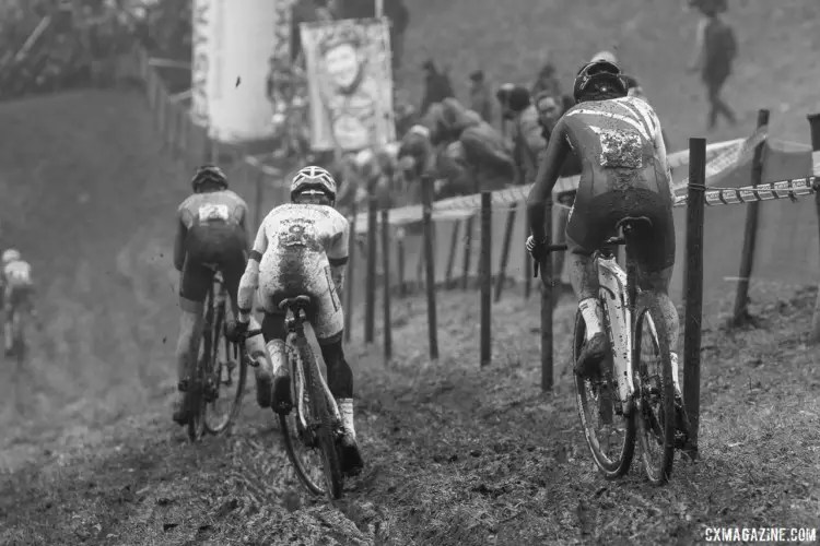 Eli Iserbyt and Tom Pidcock try to keep pace with Sieben Wouters in the U23 race. 2017 World Cup Namur. © B. Hazen / Cyclocross Magazine