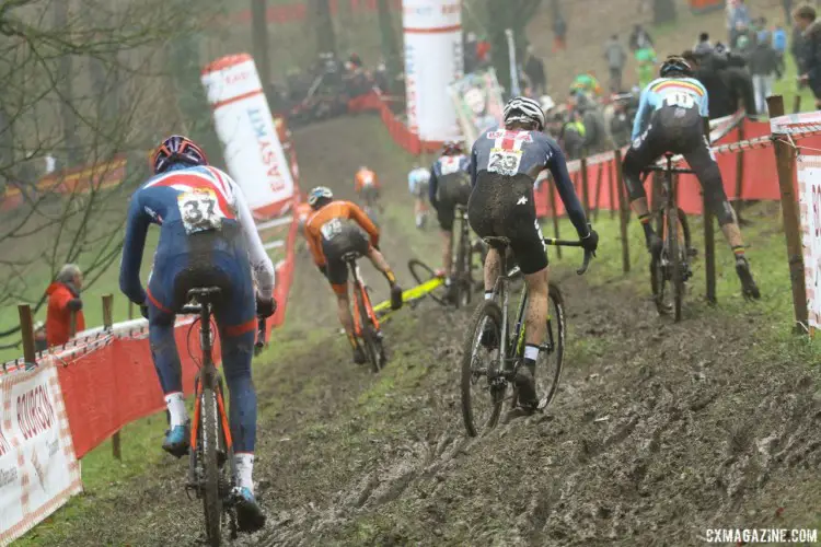 Cooper Willsey does his best to find his line in the mud. 2017 World Cup Namur. © B. Hazen / Cyclocross Magazine