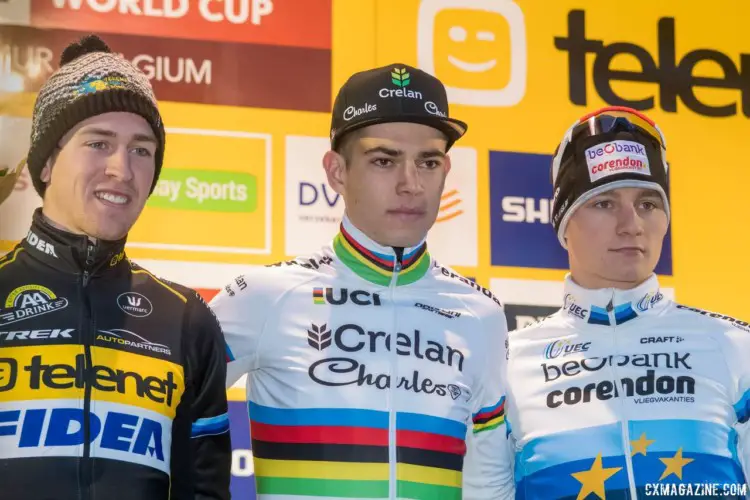 Men's podium: Wout van Aert, Toon Aerts and Mathieu van der Poel. 2017 World Cup Namur. © B. Hazen / Cyclocross Magazine