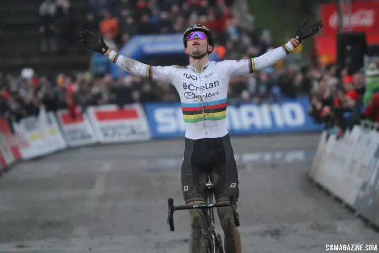 Relief for Wout van Aert after his win. 2017 World Cup Namur. © B. Hazen / Cyclocross Magazine