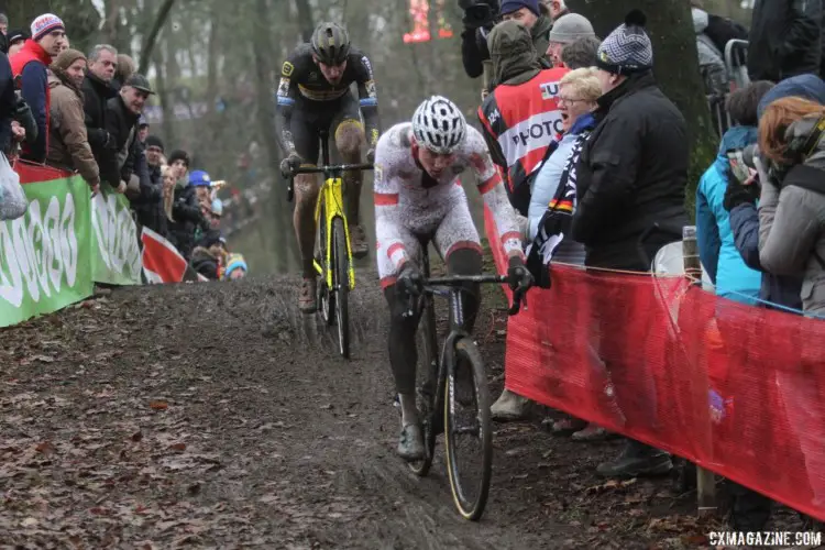 Matthieu Van der Poel and Toon Aerts battled for second throughout the race. 2017 World Cup Namur. © B. Hazen / Cyclocross Magazine