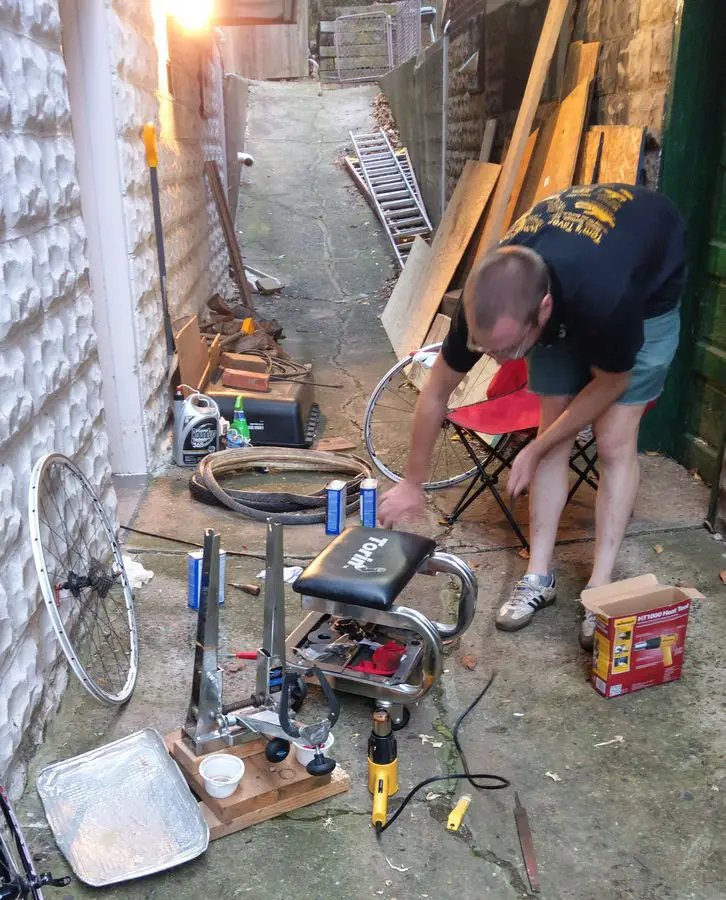 The author in his natural habitat when removing tubular glue. photo: courtesy