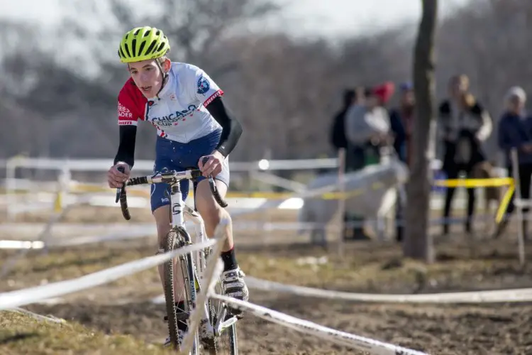 Sporting the hard-earned series leader's jersey, Pony Shop Junior Marcus Van Meighem rips through a sandy section of the difficult course. Marcus won both the 9-14 CCC series and Illinois State Championship. 2017 Chicago Cross Cup #11, Montrose Harbor Illinois State Championships. © 2017 Matthew Gilson
