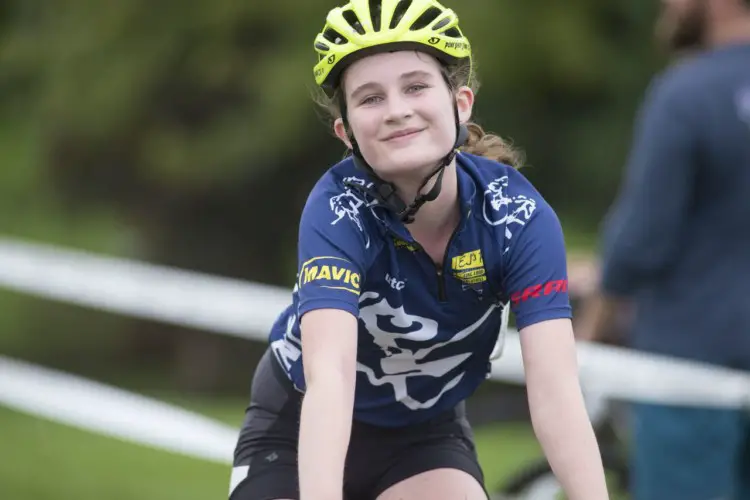 Beatrix Gilson takes a break from the intense competition to smile for the camera. Having fun balances out strong race efforts in the Pony Shop Juniors program. At 2017 Chicago Cross Cup #5, ABD Sunrise Park. © 2017 Matthew Gilson