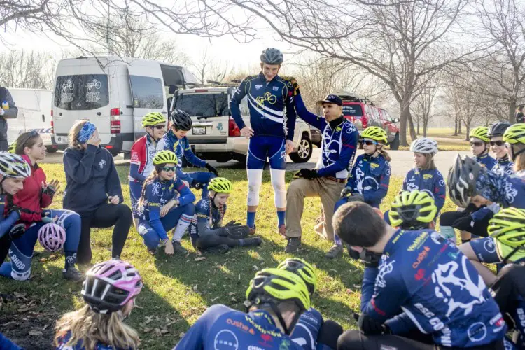 Head Coach Paul Swinand turns a team meeting over to team captain Luke Stover, who gave the Pony Juniors advice about riding through sand. The Montrose Beach/Illinois State Championship race would be Stover’s last as a junior. 2017 Chicago Cross Cup #11, Montrose Harbor Illinois State Championships. © 2017 Matthew Gilson