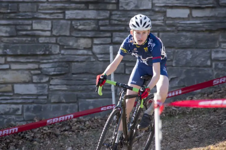 Pony Shop Junior Charlotte Bokhof negotiates an off-camber turn prior to her third place finish in the girls competition in the Illinois State Cyclocross Championships. 2017 Chicago Cross Cup #11, Montrose Harbor Illinois State Championships. © 2017 Matthew Gilson