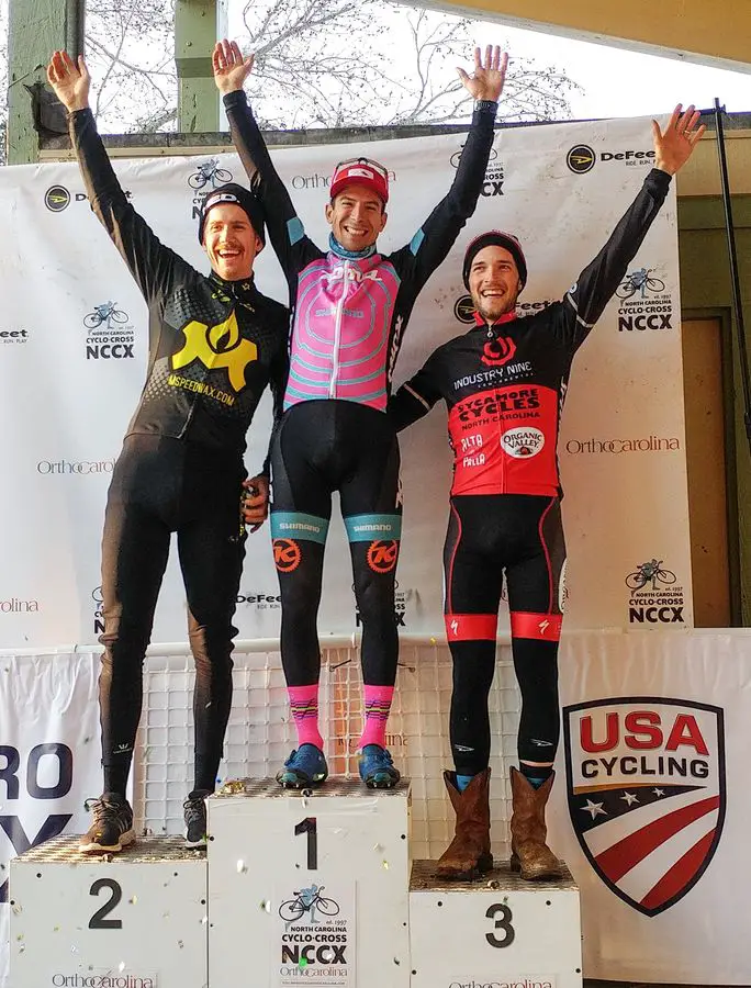 Men's podium: Werner, Thompson and Cowie. 2017 North Carolina Grand Prix Day 2. © Laura Rice