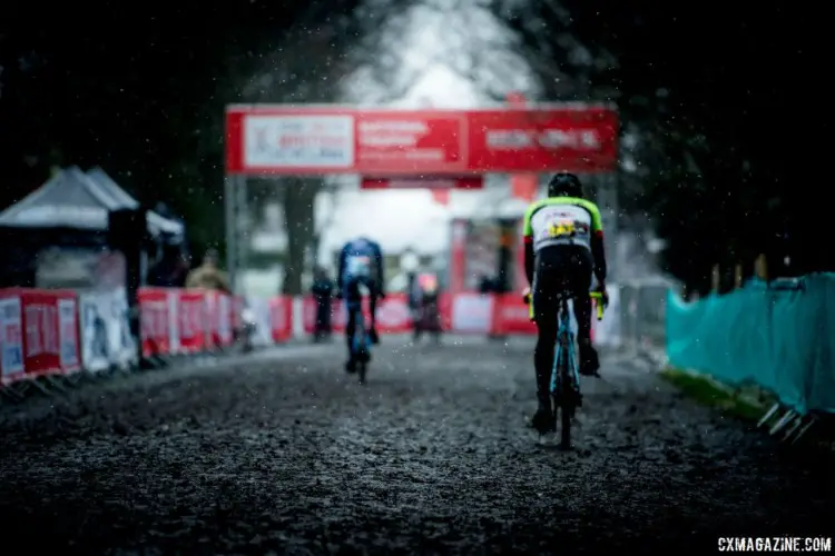 Snow falls as riders enter the penultimate lap. 2017 HSBC UK National Trophy Series: Bradford. © C. Morley / Cyclocross Magazine