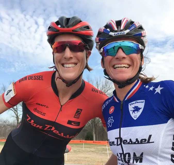 Teammates Sunny Gilbert and Caroline Mani celebrate their podium finishes. 2017 Ruts N' Guts Day 2. photo: Peloton Sports