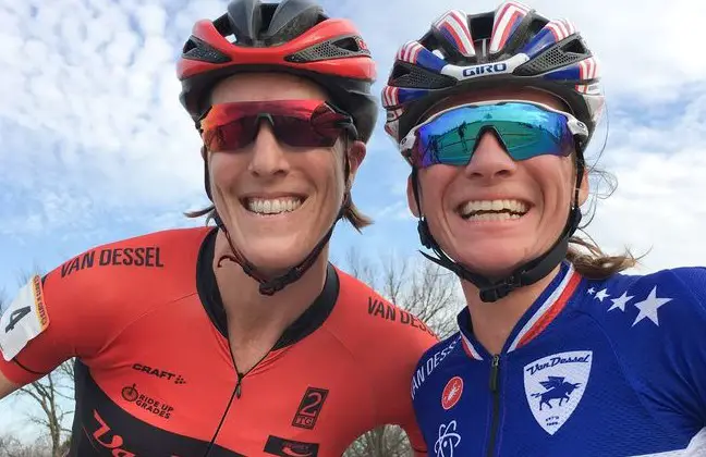 Teammates Sunny Gilbert and Caroline Mani celebrate their podium finishes. 2017 Ruts N' Guts Day 2. photo: Peloton Sports