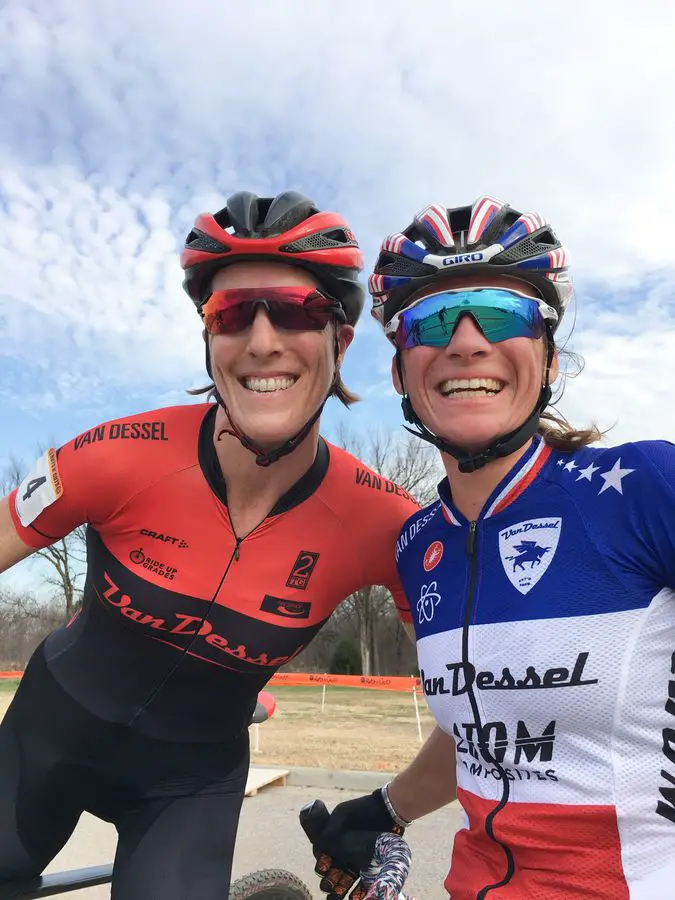 Teammates Sunny Gilbert and Caroline Mani celebrate their podium finishes. 2017 Ruts N' Guts Day 2. photo: Peloton Sports