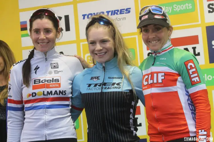 Women's podium: Evie Richards, Nikki Brammeier and Eva Lechner. 2017 World Cup Namur. © B. Hazen / Cyclocross Magazine