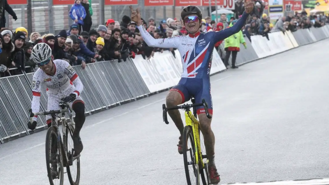 Tom Pidcock beat Eli Iserbyt in a thrilling sprint finish at Zolder. 2017 World Cup Zolder. © B. Hazen / Cyclocross Magazine