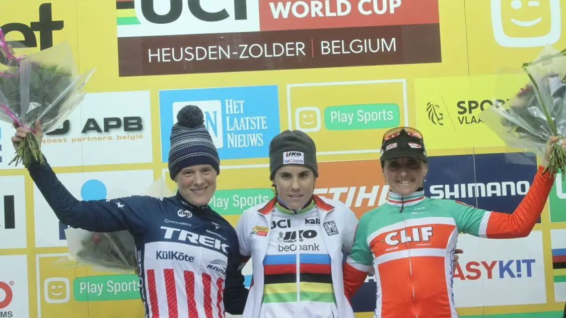 Women's podium: Sanne Cant, Katie Compton and Eva Lechner. 2017 World Cup Zolder. © B. Hazen / Cyclocross Magazine
