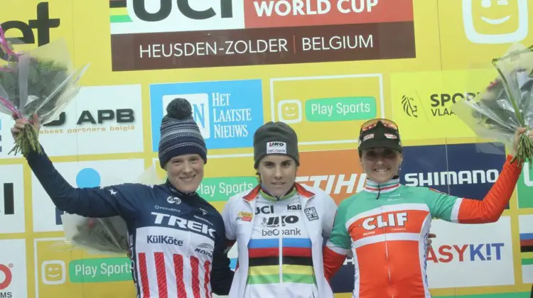 Women's podium: Sanne Cant, Katie Compton and Eva Lechner. 2017 World Cup Zolder. © B. Hazen / Cyclocross Magazine