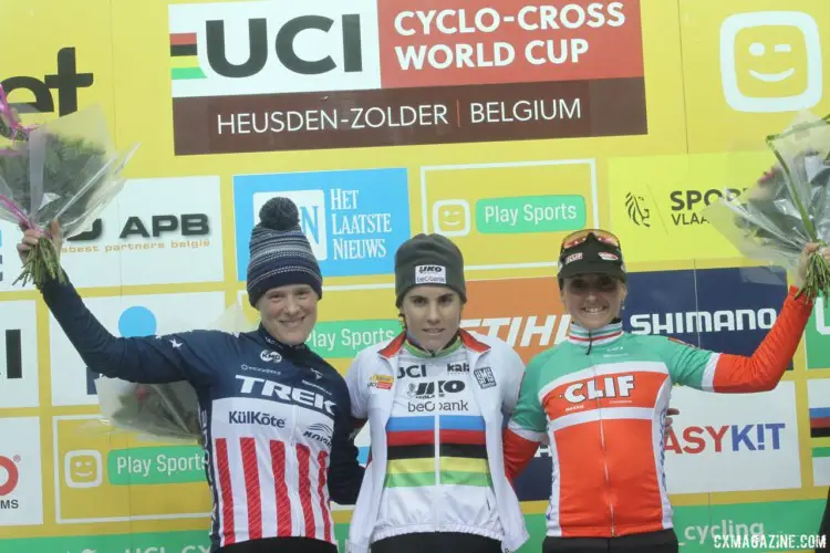 Women's podium: Sanne Cant, Katie Compton and Eva Lechner. 2017 World Cup Zolder. © B. Hazen / Cyclocross Magazine