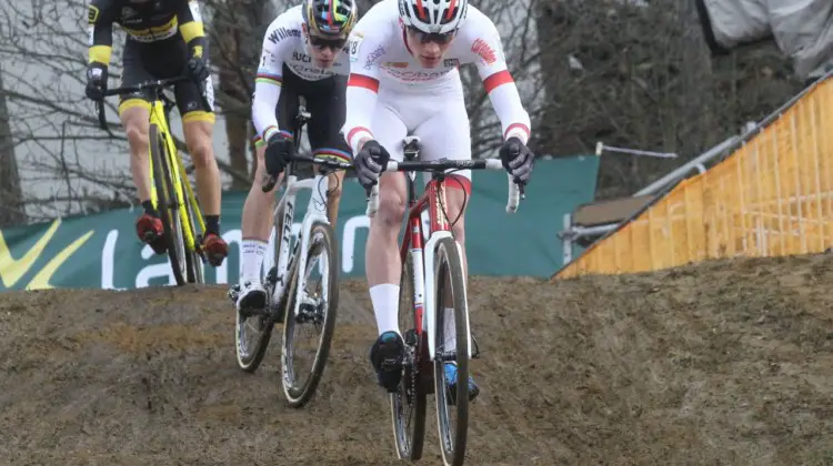 Mathieu van der Poel took the holeshot and led early. 2017 World Cup Zolder. © B. Hazen / Cyclocross Magazine