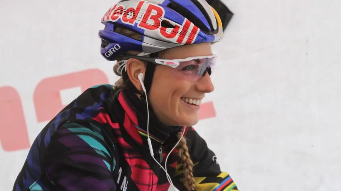 Pauline Ferrand Prevot was relaxed before the race. It paid off, she won. 2017 Vlaamse Druivencross. © B. Hazen / Cyclocross Magazine