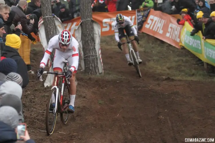 Mathieu van der Poel took control in the fourth lap after Wout Van Aert was unable to follow his attack. 2017 World Cup Zolder. © B. Hazen / Cyclocross Magazine