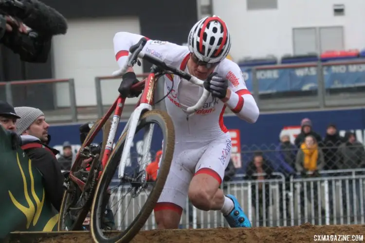 After grabbing the lead, Mathieu van der Poel was in control on Tuesday. 2017 World Cup Zolder. © B. Hazen / Cyclocross Magazine